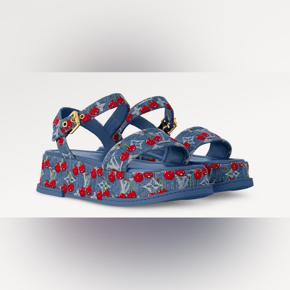Louis Vuitton x Takashi Murakami Cherry/ denim platform shoes NWT Full set Sz 9